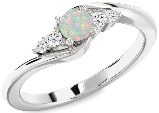 Diamond Opal Silver Round Promise Ring