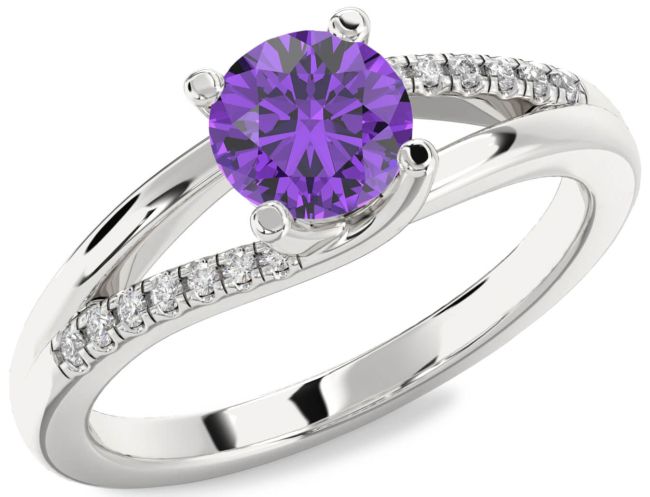 Diamond Amethyst Silver Round Solitaire Engagement Ring