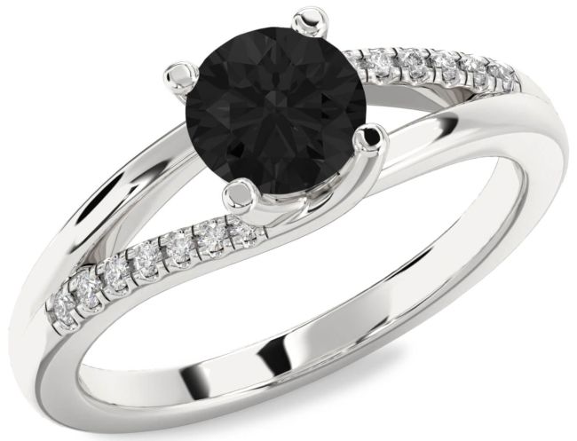 Black Diamond Silver Round Solitaire Engagement Ring