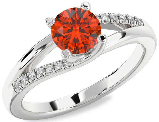 Diamond Fire Opal Silver Round Solitaire Engagement Ring