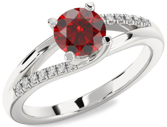 Diamond Garnet Silver Round Solitaire Engagement Ring