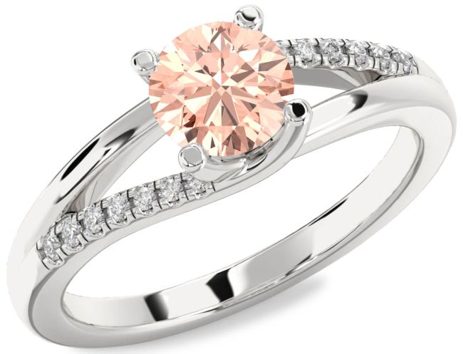 Diamond Morganite Silver Round Solitaire Engagement Ring