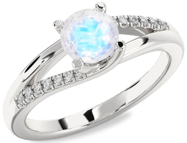 Diamond Moonstone Silver Round Solitaire Engagement Ring