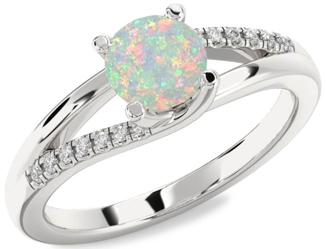 Diamond Opal Silver Round Solitaire Engagement Ring