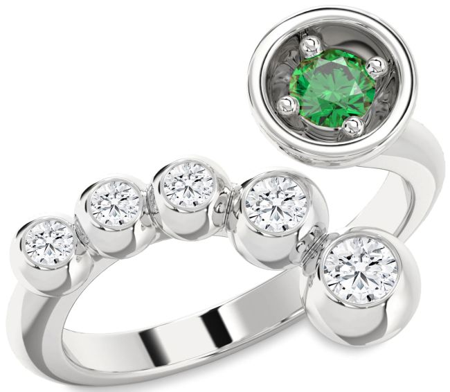 Diamond Emerald Silver Round Promise Ring