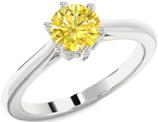Yellow Diamond Silver Round Solitaire Engagement Ring