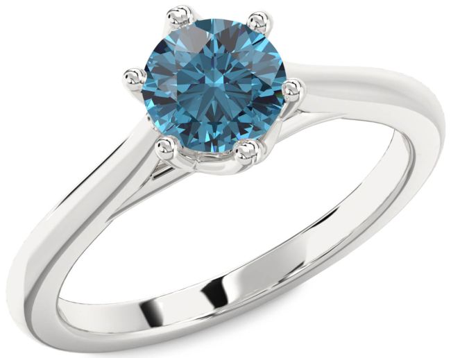 Blue Diamond Silver Round Solitaire Engagement Ring