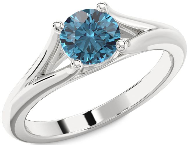 Blue Diamond Silver Round Solitaire Engagement Ring