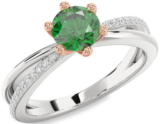 Diamond Emerald Silver & 10K Rose Gold Round Solitaire Engagement Ring