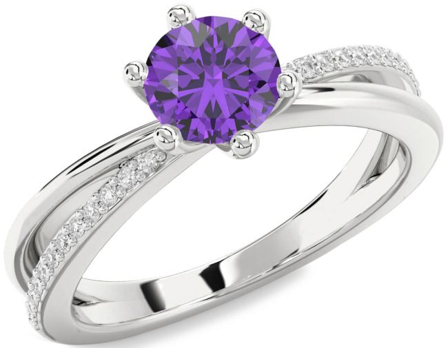 Diamond Amethyst Silver Round Solitaire Engagement Ring