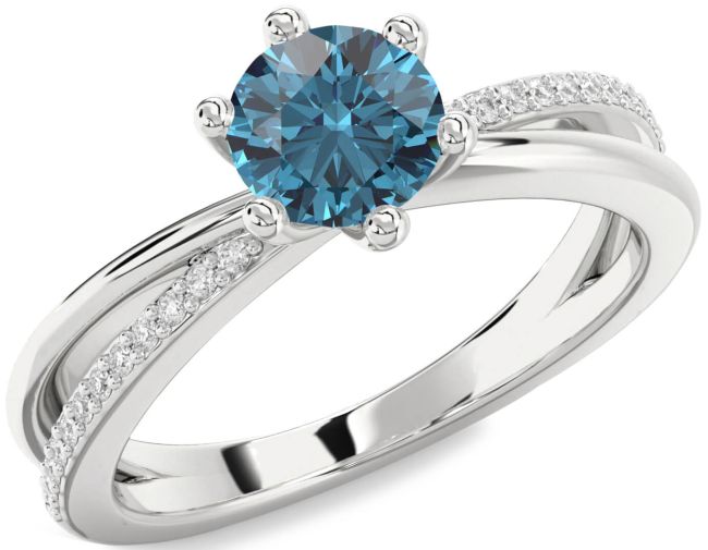 Blue Diamond Silver Round Solitaire Engagement Ring