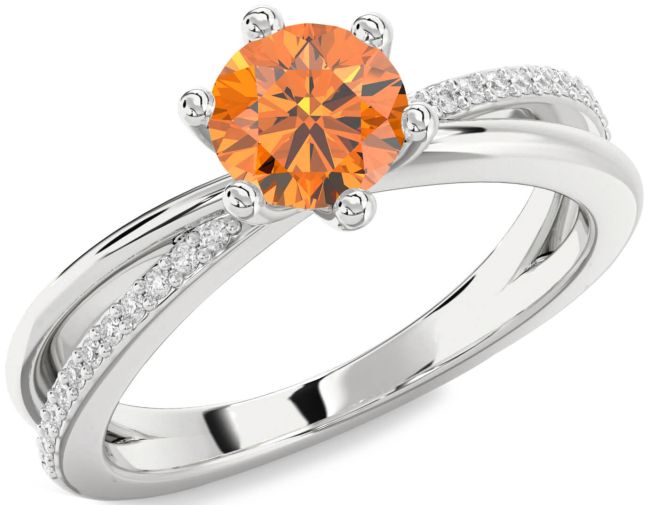 Diamond Citrine Silver Round Solitaire Engagement Ring