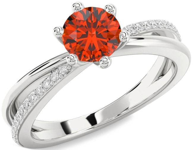Diamond Fire Opal Silver Round Solitaire Engagement Ring