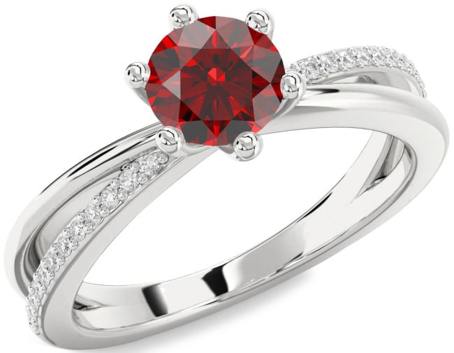 Diamond Garnet Silver Round Solitaire Engagement Ring