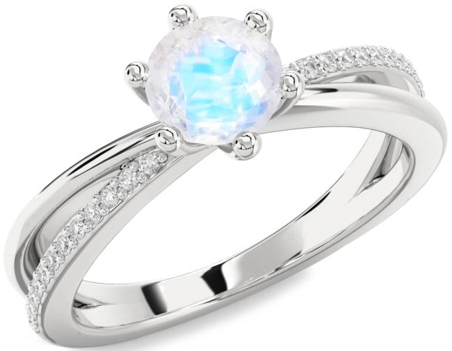 Diamond Moonstone Silver Round Solitaire Engagement Ring