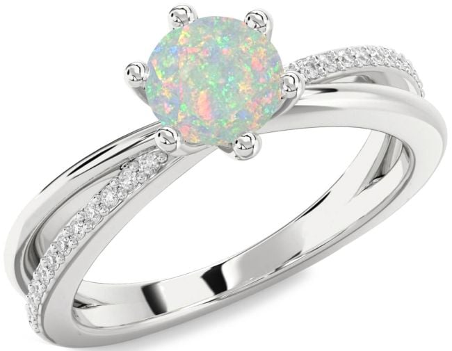 Diamond Opal Silver Round Solitaire Engagement Ring