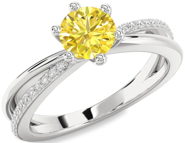 Yellow Diamond Silver Round Solitaire Engagement Ring