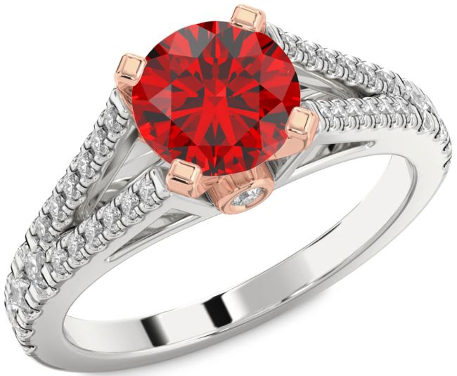 Diamond Ruby Silver & 10K Rose Gold Round Solitaire Pave Engagement Ring