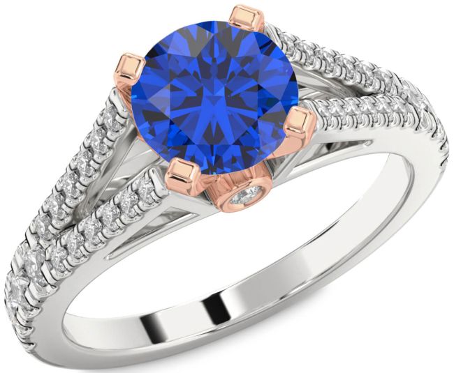 Diamond Blue Sapphire White Rose Gold Round Solitaire Pave Engagement Ring