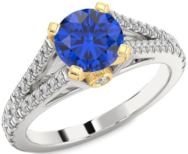 Diamond Blue Sapphire Platinum & Yellow Gold Round Solitaire Pave Engagement Ring