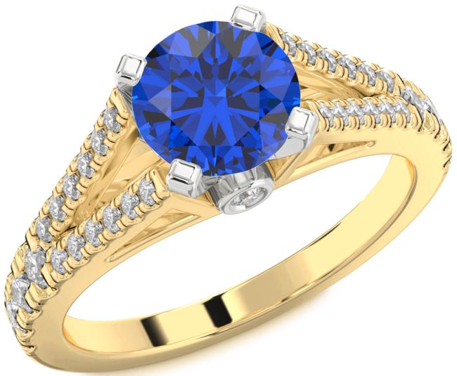 Diamond Blue Sapphire Platinum & Yellow Gold Round Solitaire Pave Engagement Ring