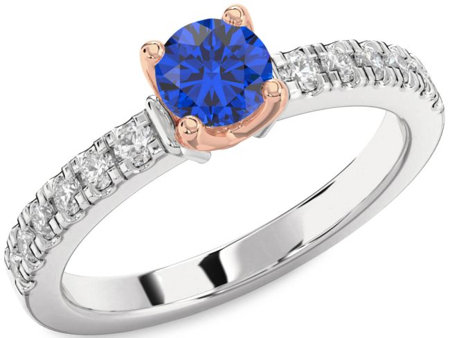 Diamond Blue Sapphire Rose Gold Silver Round Solitaire Engagement Ring