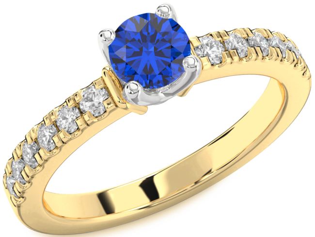 Diamond Blue Sapphire White Yellow Gold Round Solitaire Engagement Ring