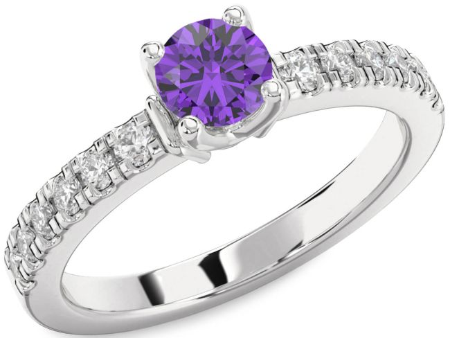 Diamond Amethyst Silver Round Solitaire Engagement Ring