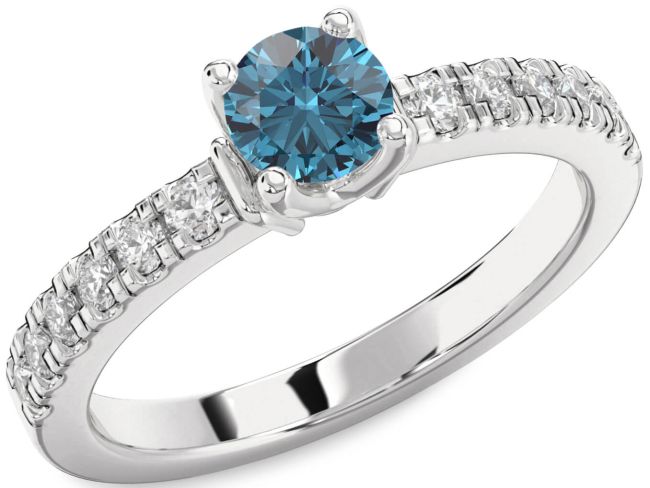 Blue Diamond Silver Round Solitaire Engagement Ring