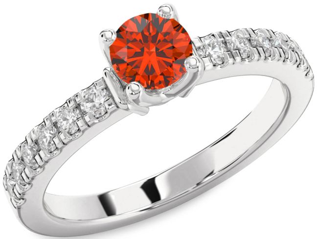 Diamond Fire Opal Silver Round Solitaire Engagement Ring