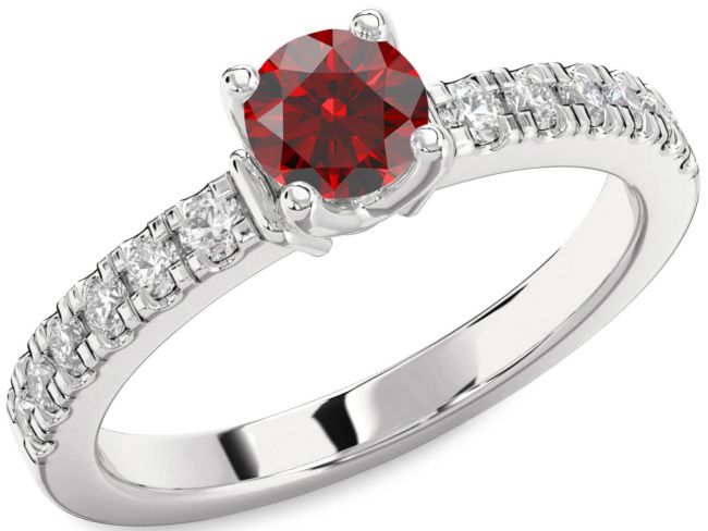 Diamond Garnet Silver Round Solitaire Engagement Ring