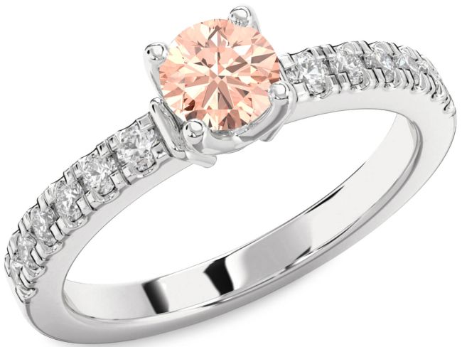 Diamond Morganite Silver Round Solitaire Engagement Ring