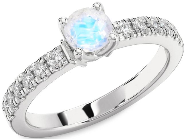 Diamond Moonstone Silver Round Solitaire Engagement Ring