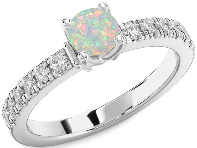 Diamond Opal Silver Round Solitaire Engagement Ring