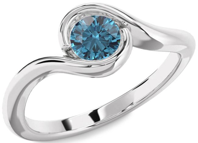 Blue Diamond Silver Round Solitaire Engagement Ring