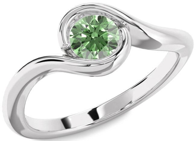 Green Diamond Silver Round Solitaire Engagement Ring