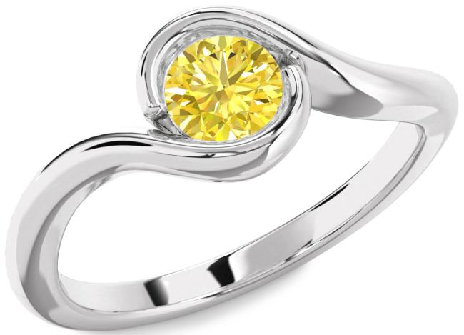 Yellow Diamond Silver Round Solitaire Engagement Ring