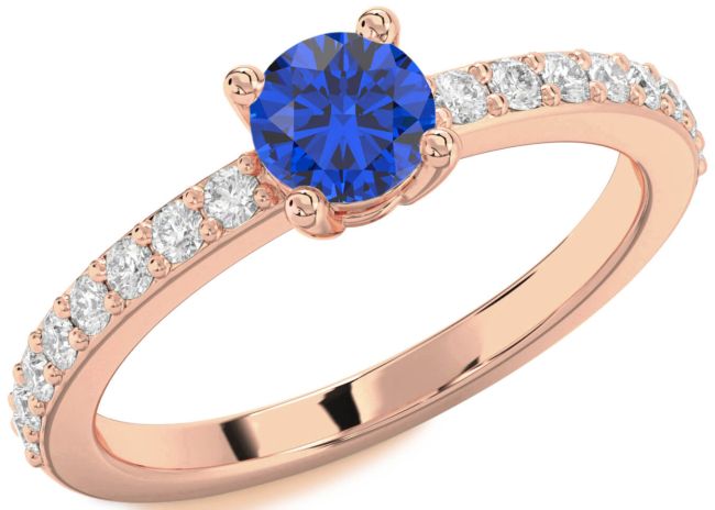 Diamond Blue Sapphire Rose Gold Round Solitaire Pave Engagement Ring