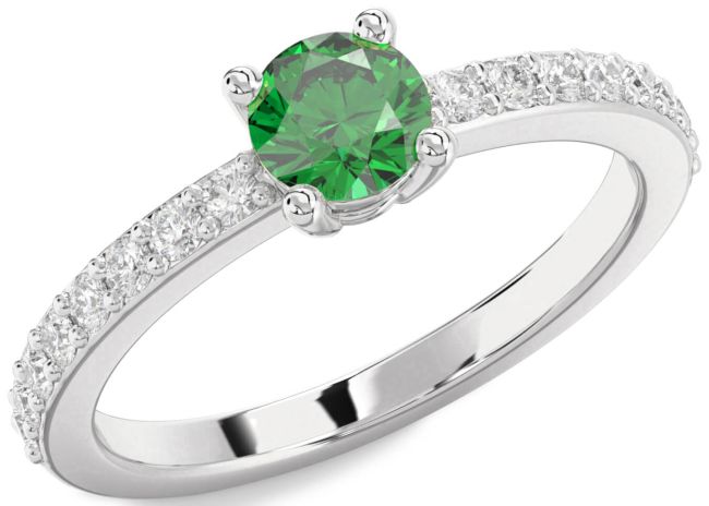 Diamond Emerald Silver Round Solitaire Pave Engagement Ring