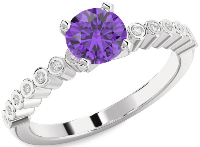 Diamond Amethyst Silver Round Solitaire Engagement Ring