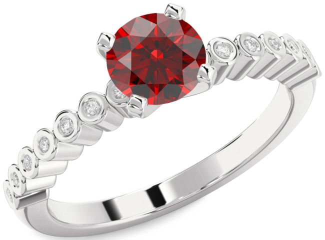 Diamond Garnet Silver Round Solitaire Engagement Ring