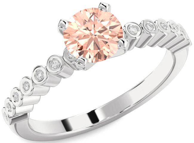 Diamond Morganite Silver Round Solitaire Engagement Ring