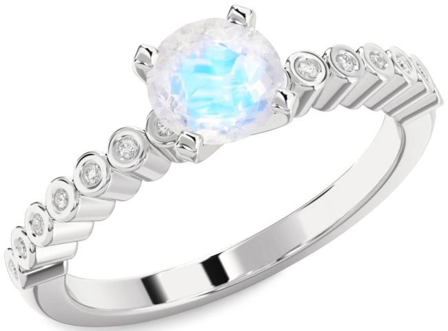 Diamond Moonstone Silver Round Solitaire Engagement Ring