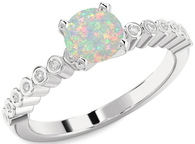 Diamond Opal Silver Round Solitaire Engagement Ring