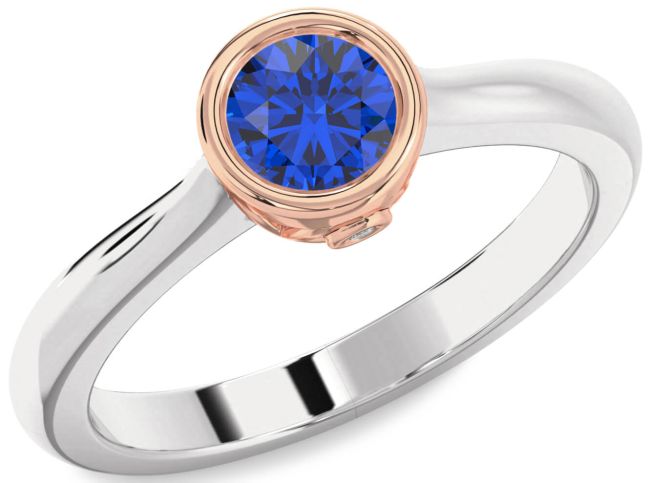 Diamond Blue Sapphire White Rose Gold Round Solitaire Engagement Ring