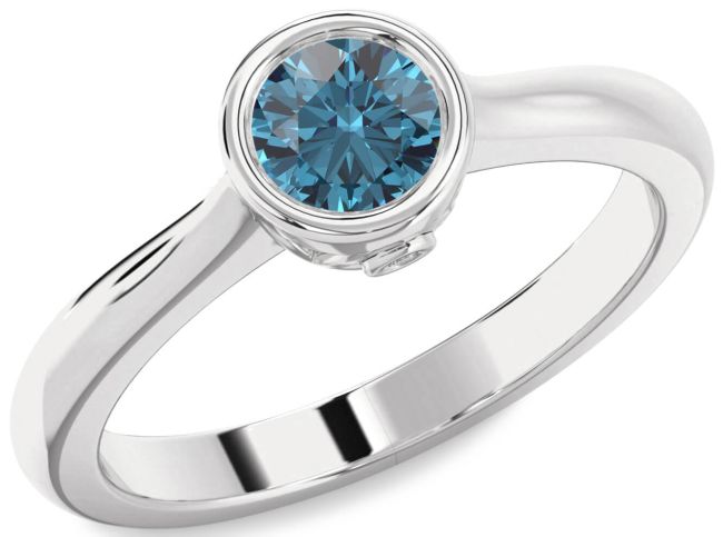 Blue Diamond Silver Round Solitaire Engagement Ring