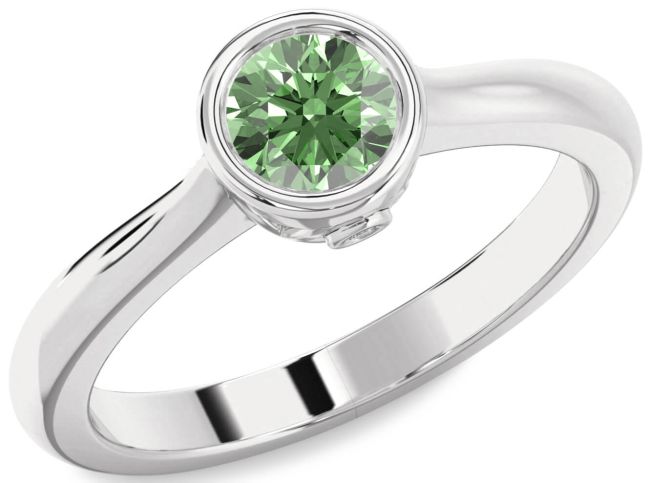 Green Diamond Silver Round Solitaire Engagement Ring