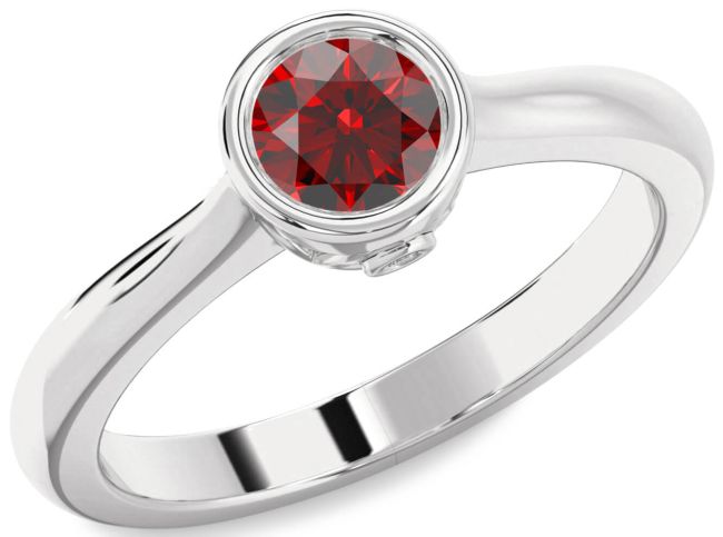 Diamond Garnet Silver Round Solitaire Engagement Ring