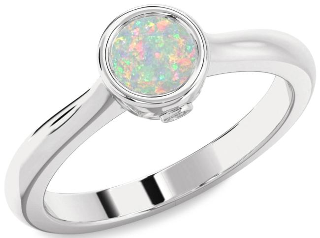 Diamond Opal Silver Round Solitaire Engagement Ring