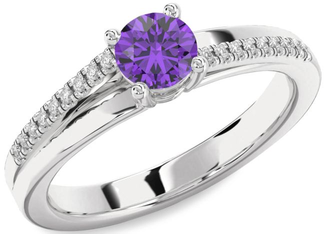 Diamond Amethyst Silver Round Solitaire Engagement Ring